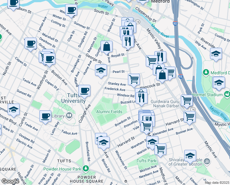 map of restaurants, bars, coffee shops, grocery stores, and more near 61 Frederick Avenue in Medford