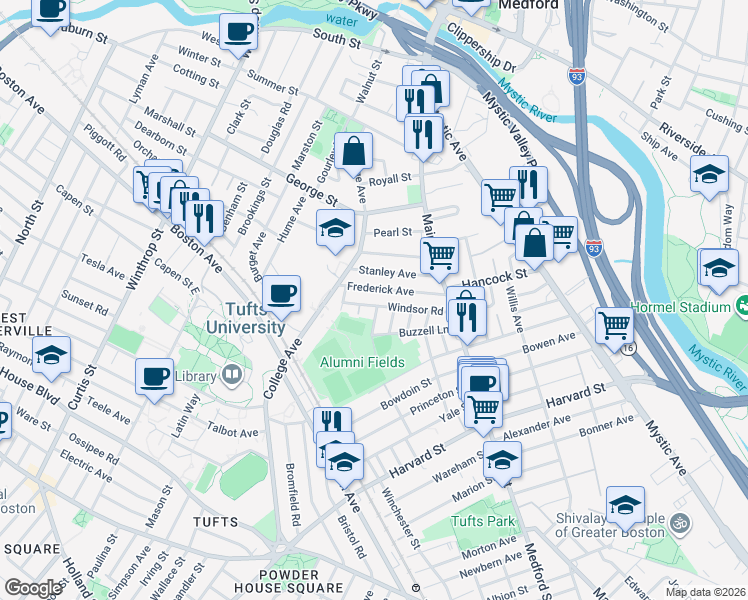 map of restaurants, bars, coffee shops, grocery stores, and more near 105 Frederick Avenue in Medford