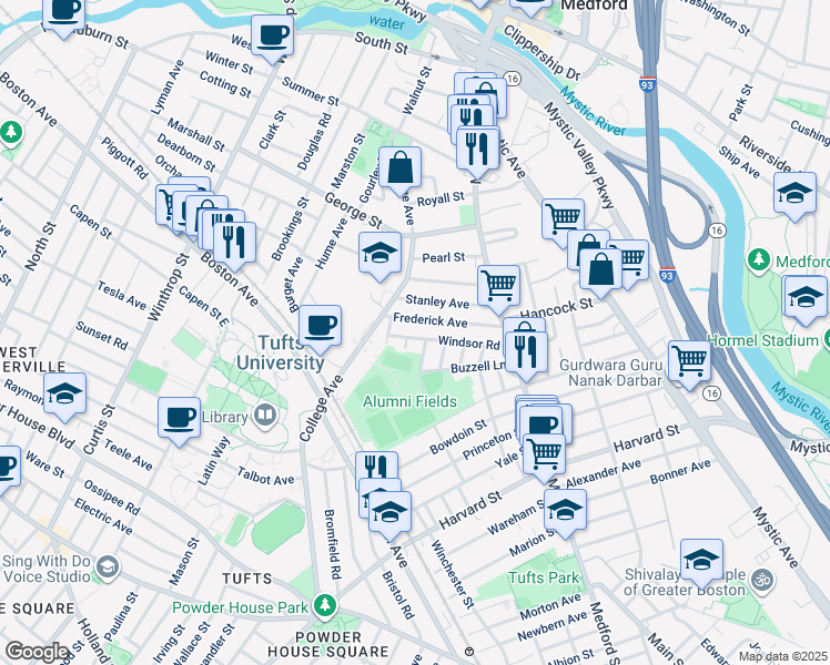 map of restaurants, bars, coffee shops, grocery stores, and more near 105 Frederick Avenue in Medford
