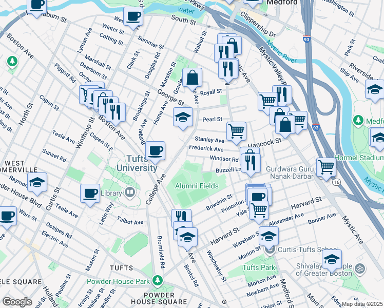 map of restaurants, bars, coffee shops, grocery stores, and more near 105 Frederick Avenue in Medford