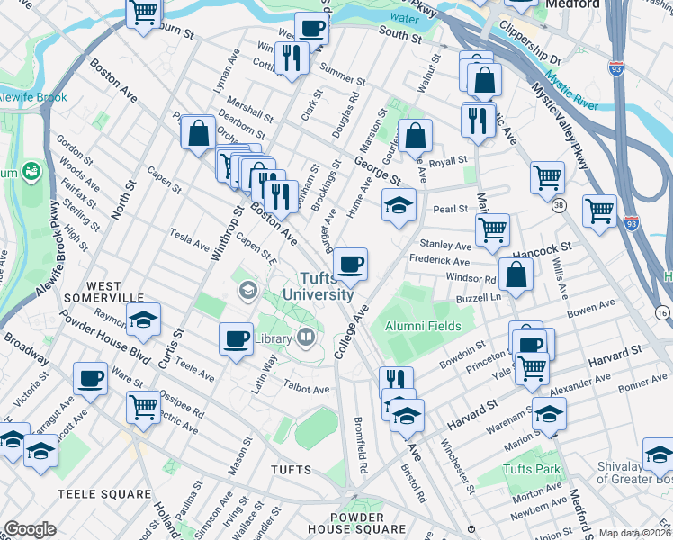 map of restaurants, bars, coffee shops, grocery stores, and more near 113 Burget Avenue in Medford