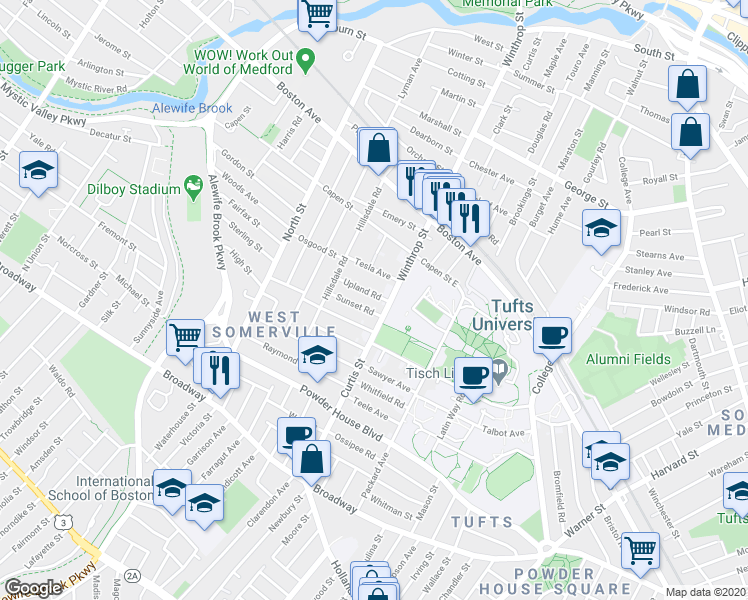 map of restaurants, bars, coffee shops, grocery stores, and more near 20 Tesla Avenue in Medford