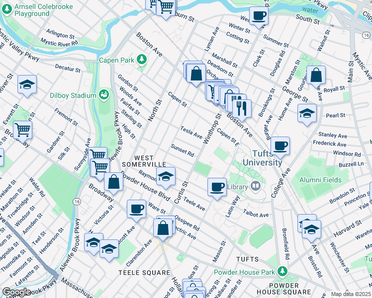 map of restaurants, bars, coffee shops, grocery stores, and more near 48 Upland Road in Somerville