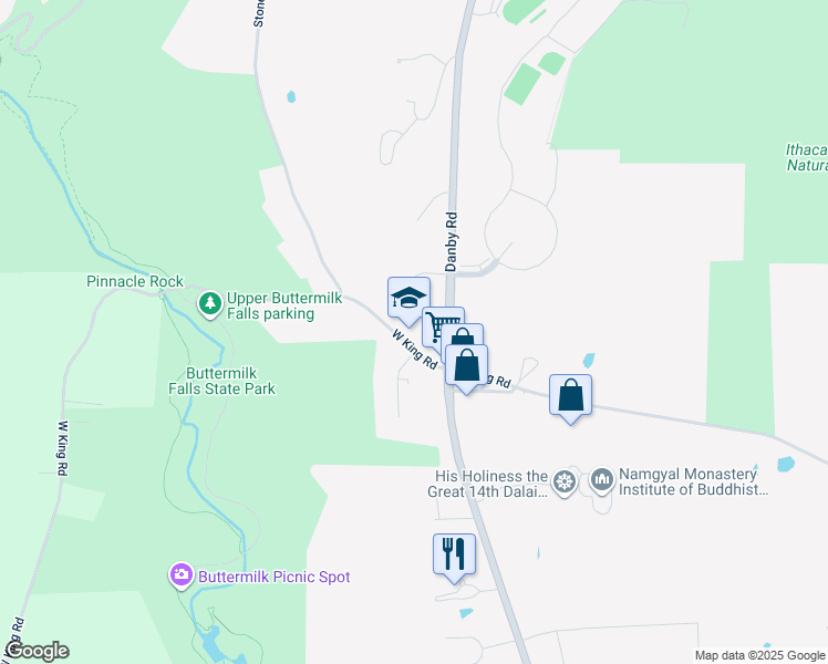 map of restaurants, bars, coffee shops, grocery stores, and more near 127 Birdseyeview Drive in Ithaca