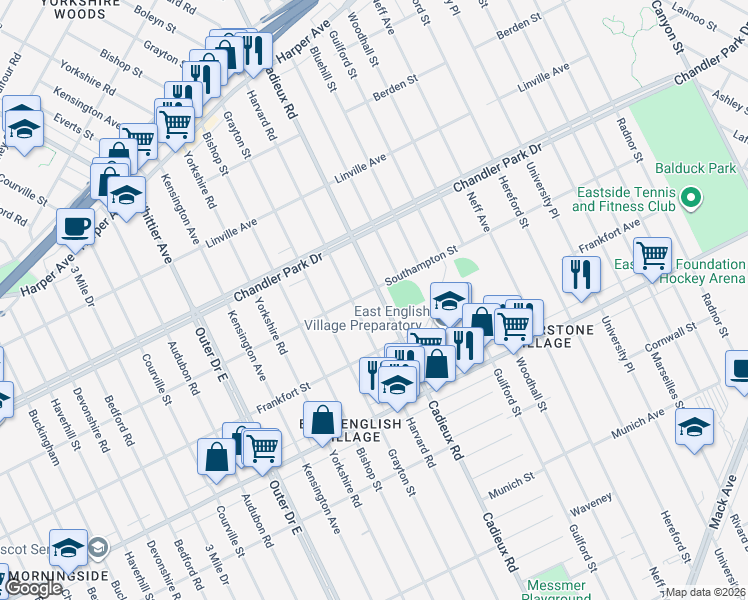 map of restaurants, bars, coffee shops, grocery stores, and more near 5515 Cadieux Road in Detroit