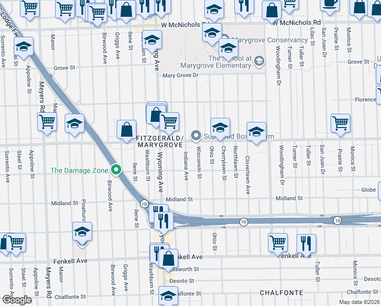 map of restaurants, bars, coffee shops, grocery stores, and more near 8701 Puritan Avenue in Detroit