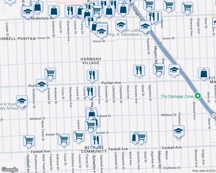 map of restaurants, bars, coffee shops, grocery stores, and more near 13300 Puritan Avenue in Detroit