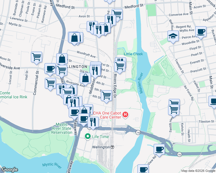 map of restaurants, bars, coffee shops, grocery stores, and more near 10 4th Street in Medford