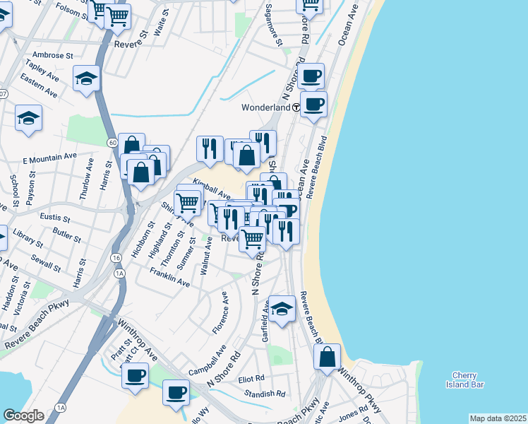 map of restaurants, bars, coffee shops, grocery stores, and more near in Revere