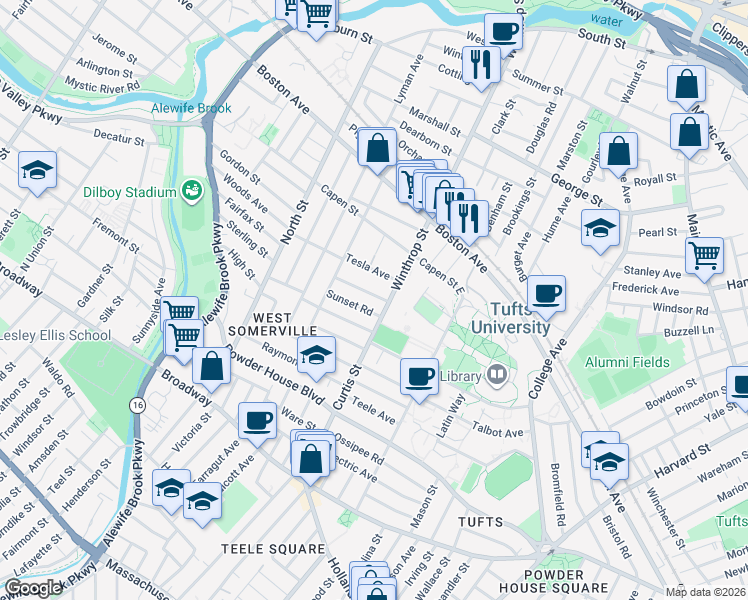map of restaurants, bars, coffee shops, grocery stores, and more near 20 Tesla Avenue in Medford