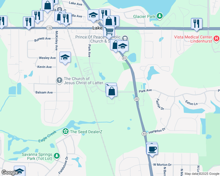 map of restaurants, bars, coffee shops, grocery stores, and more near 425 Park Avenue in Lake Villa