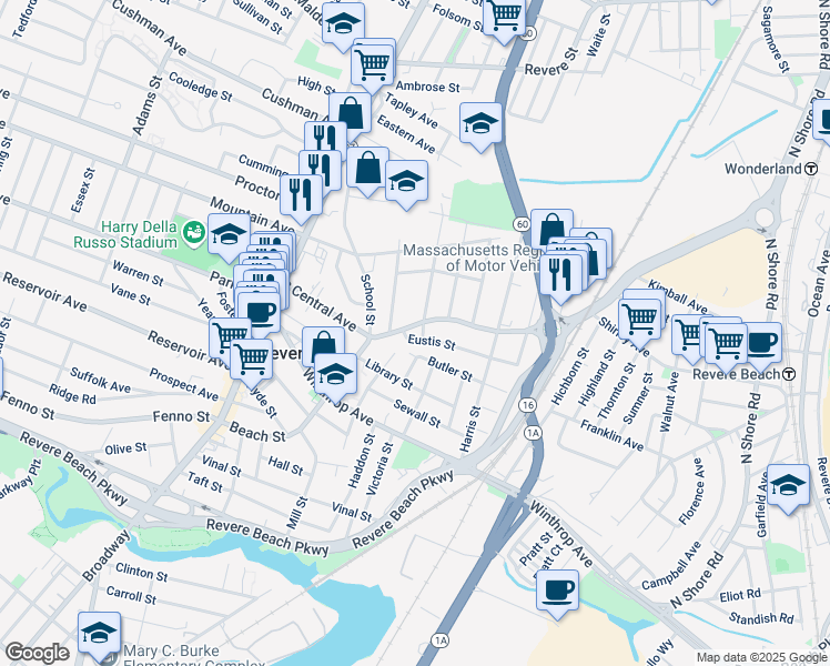 map of restaurants, bars, coffee shops, grocery stores, and more near 265 Beach Street in Revere