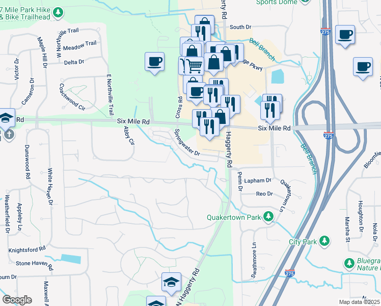map of restaurants, bars, coffee shops, grocery stores, and more near 39639 Springwater Drive in Northville