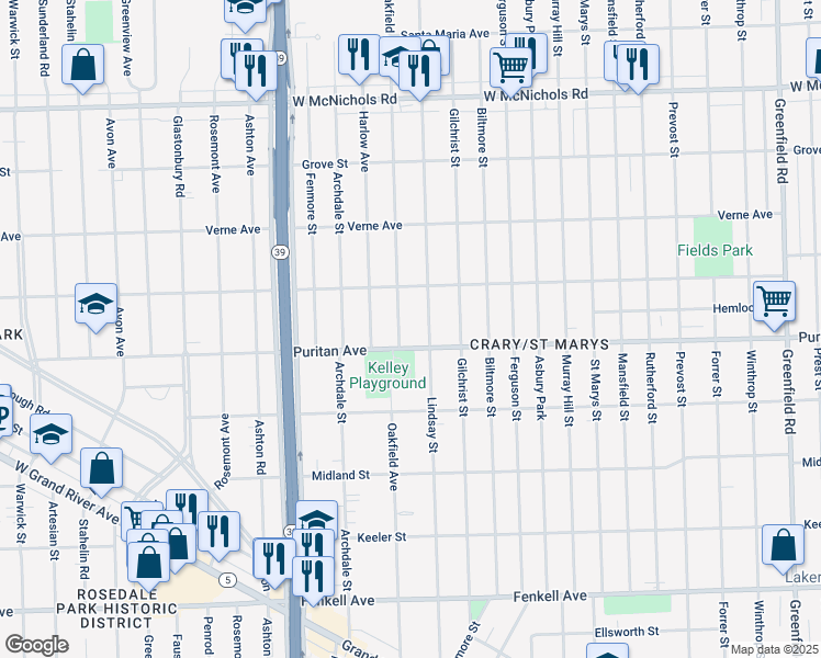 map of restaurants, bars, coffee shops, grocery stores, and more near 16172 Oakfield Avenue in Detroit
