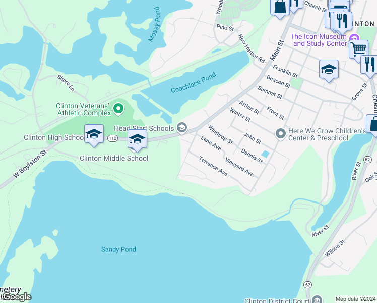 map of restaurants, bars, coffee shops, grocery stores, and more near South Main Street in Clinton