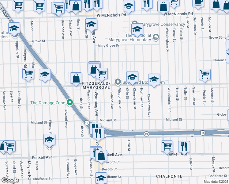 map of restaurants, bars, coffee shops, grocery stores, and more near 8701 Puritan Avenue in Detroit