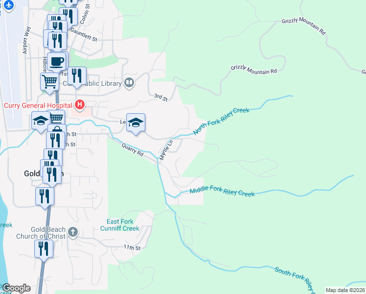 map of restaurants, bars, coffee shops, grocery stores, and more near 94450 Riley Creek Way in Gold Beach