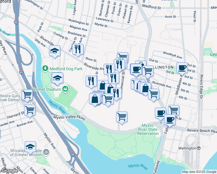 map of restaurants, bars, coffee shops, grocery stores, and more near 34 Linden Street in Medford