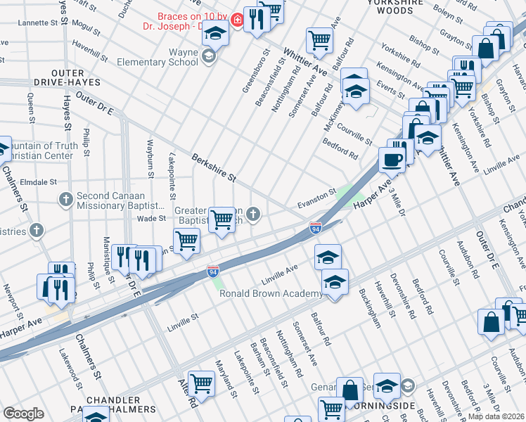 map of restaurants, bars, coffee shops, grocery stores, and more near 9623 Berkshire Street in Detroit