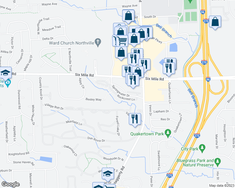 map of restaurants, bars, coffee shops, grocery stores, and more near 39651 Springwater Drive in Northville