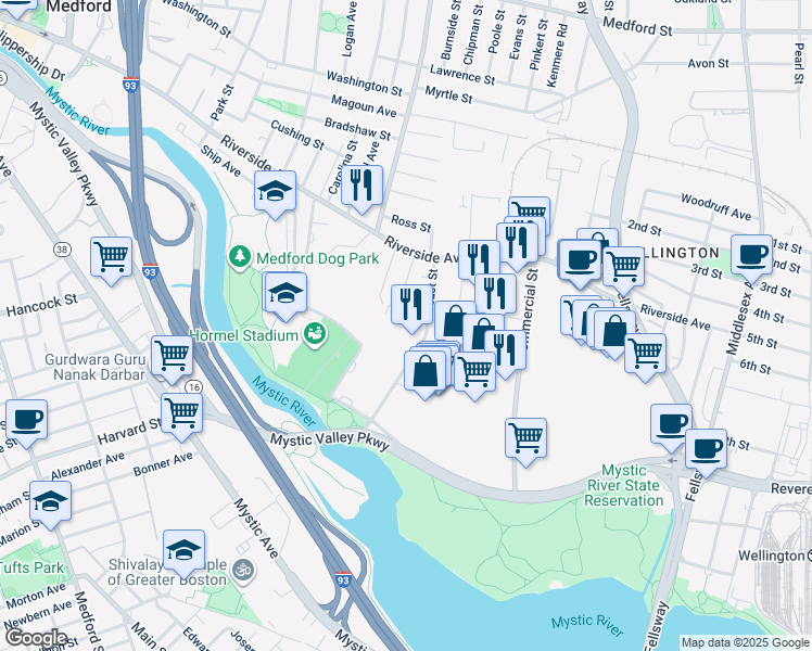 map of restaurants, bars, coffee shops, grocery stores, and more near 53 Locust Street in Medford