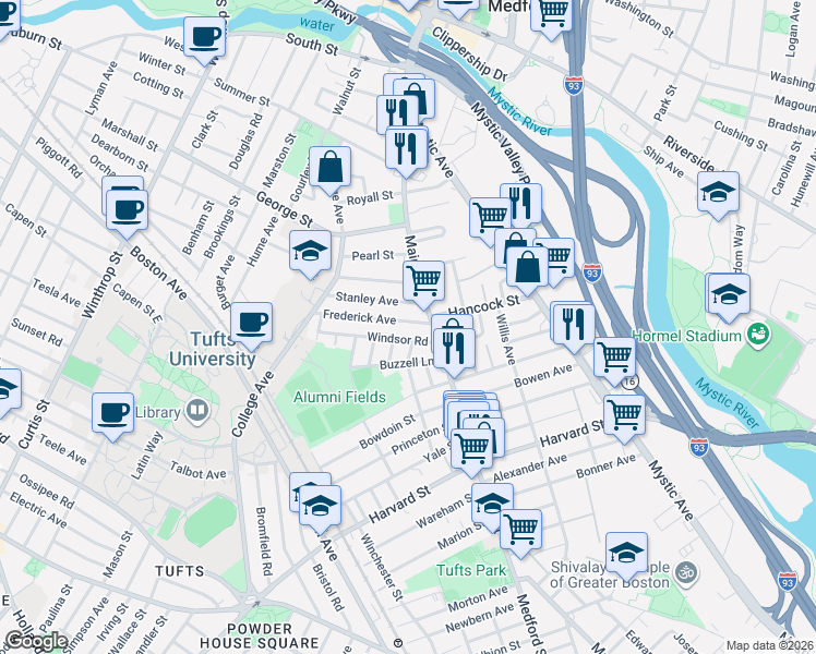 map of restaurants, bars, coffee shops, grocery stores, and more near 16 Stanley Avenue in Medford