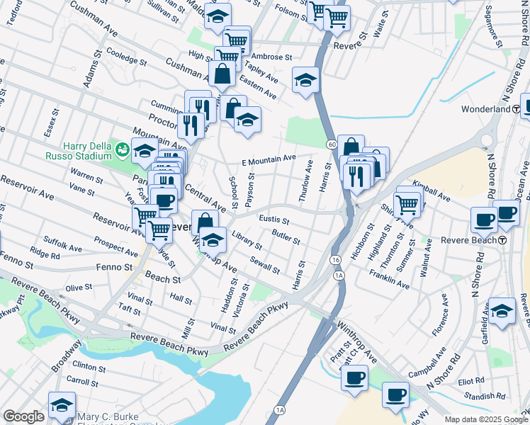 map of restaurants, bars, coffee shops, grocery stores, and more near 265 Beach Street in Revere