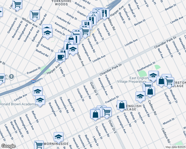 map of restaurants, bars, coffee shops, grocery stores, and more near 16529 Chandler Park Drive in Detroit