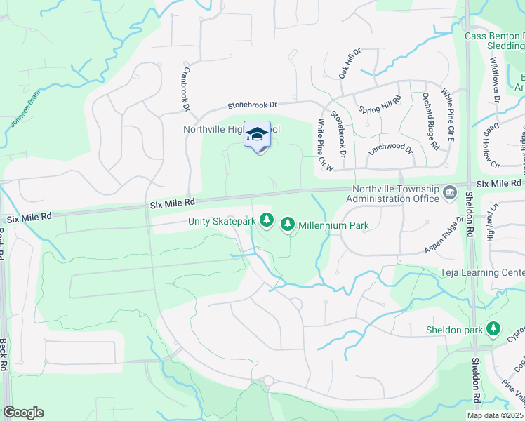 map of restaurants, bars, coffee shops, grocery stores, and more near 45745 Six Mile Road in Northville