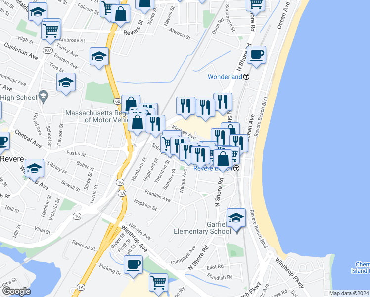 map of restaurants, bars, coffee shops, grocery stores, and more near 9 Walnut Avenue in Revere