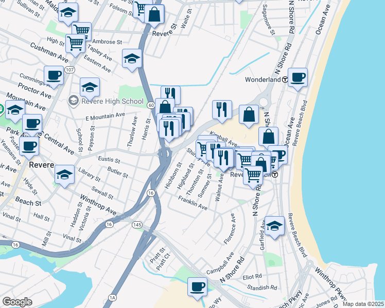 map of restaurants, bars, coffee shops, grocery stores, and more near 477 Beach Street in Revere