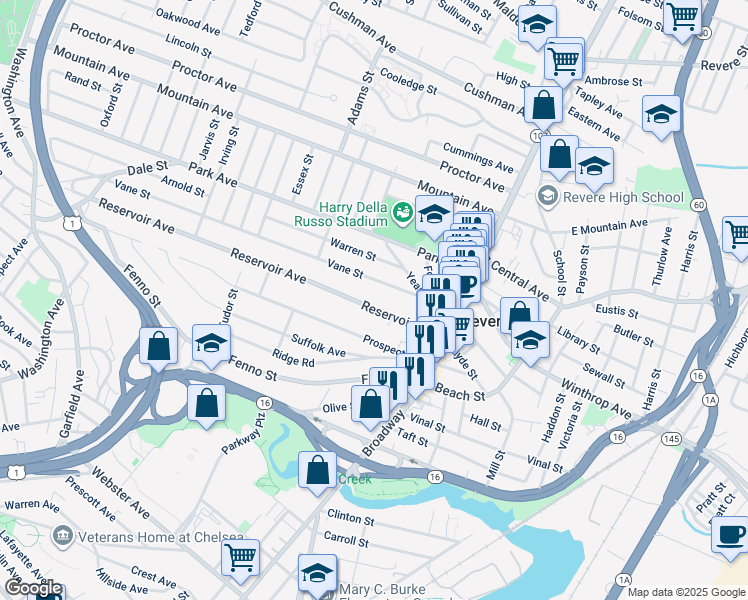 map of restaurants, bars, coffee shops, grocery stores, and more near 76 Vane Street in Revere