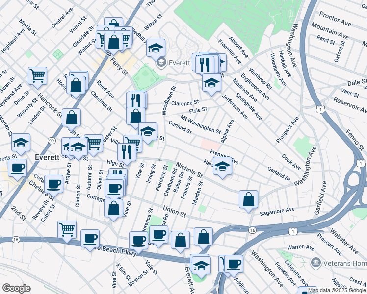 map of restaurants, bars, coffee shops, grocery stores, and more near 42 Fremont Avenue in Everett