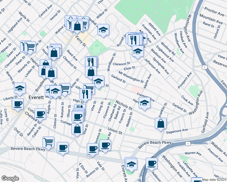 map of restaurants, bars, coffee shops, grocery stores, and more near 39 Woodlawn Street in Everett