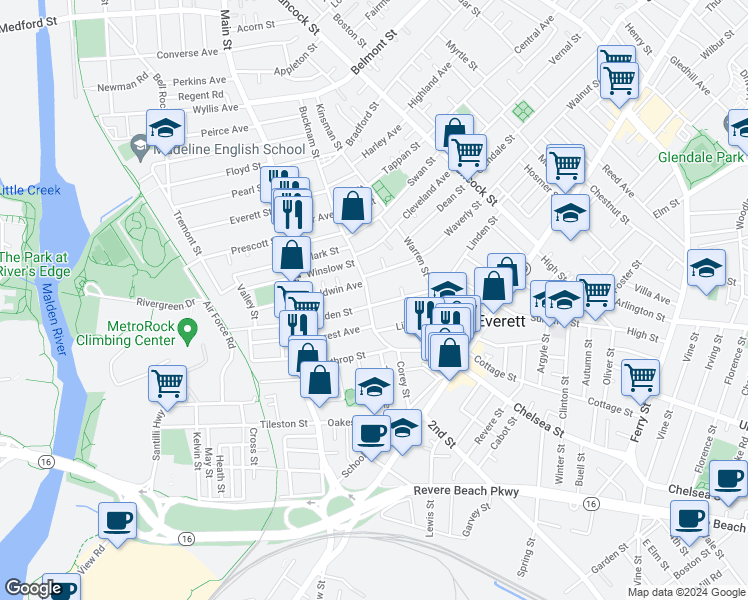map of restaurants, bars, coffee shops, grocery stores, and more near 38 Bucknam Street in Everett