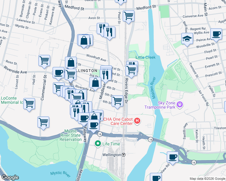 map of restaurants, bars, coffee shops, grocery stores, and more near 35 4th Street in Medford