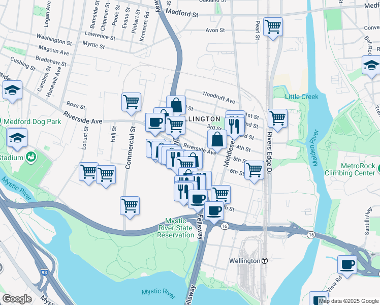 map of restaurants, bars, coffee shops, grocery stores, and more near 530 Riverside Avenue in Medford