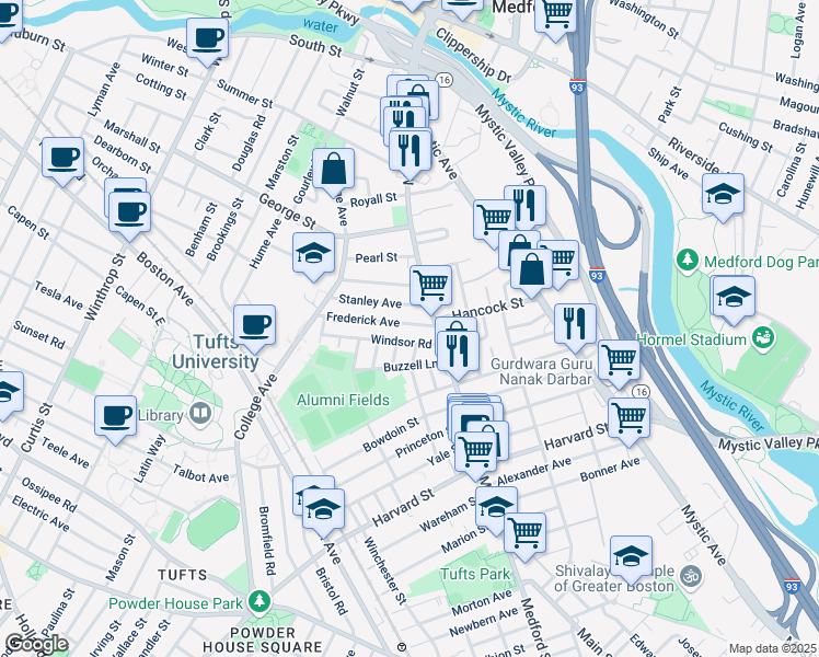 map of restaurants, bars, coffee shops, grocery stores, and more near 16 Stanley Avenue in Medford