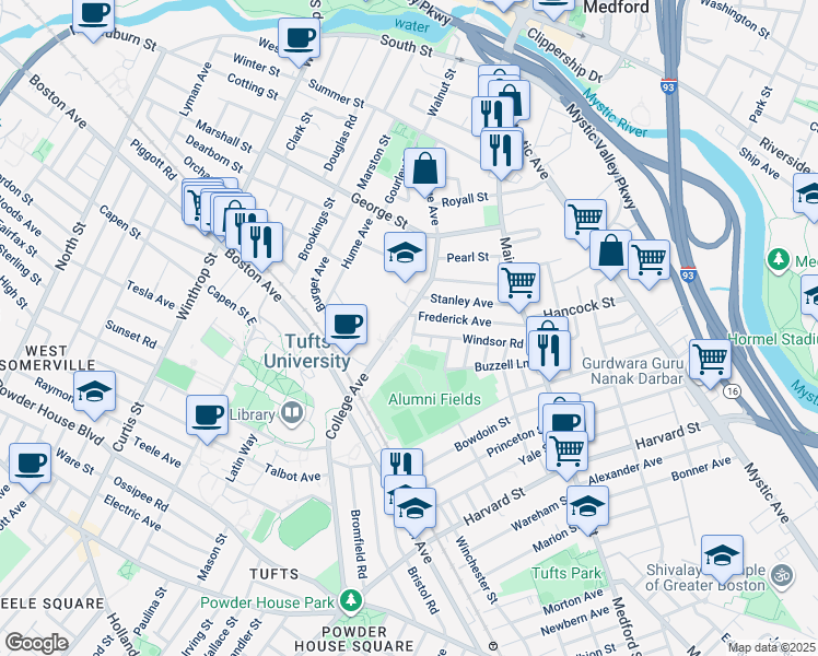 map of restaurants, bars, coffee shops, grocery stores, and more near 161 College Avenue in Medford
