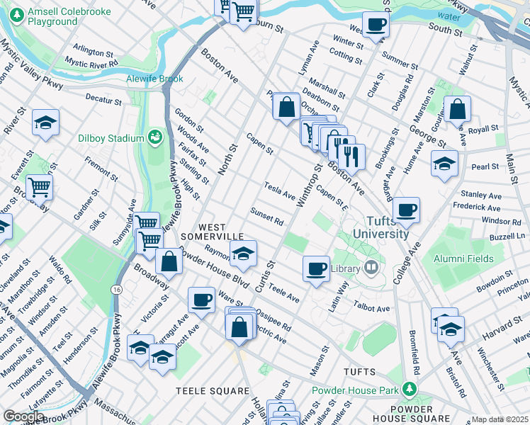 map of restaurants, bars, coffee shops, grocery stores, and more near 48 Upland Road in Somerville