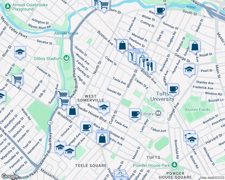 map of restaurants, bars, coffee shops, grocery stores, and more near 48 Upland Road in Somerville