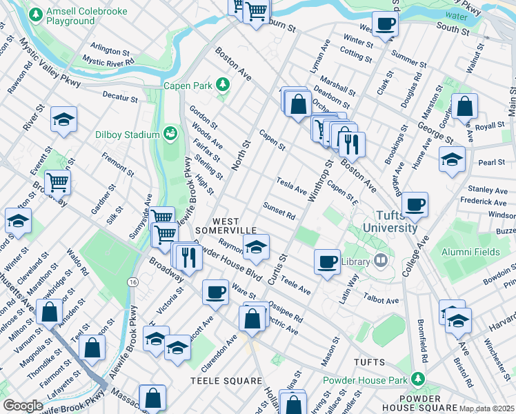 map of restaurants, bars, coffee shops, grocery stores, and more near 106 Adams Street in Somerville