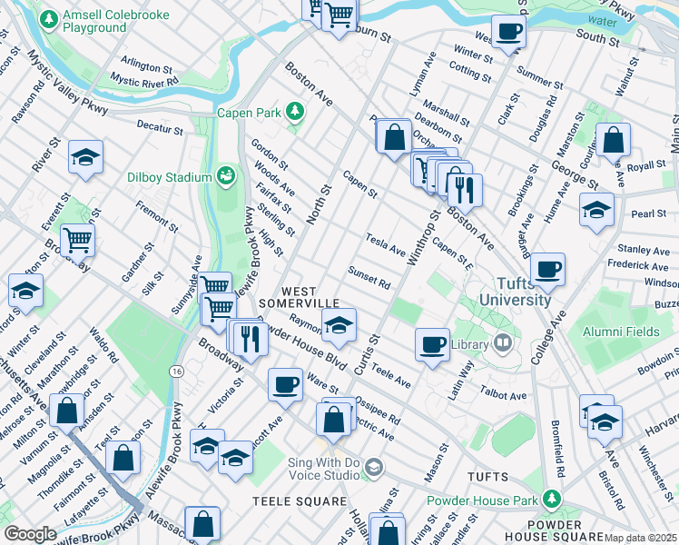 map of restaurants, bars, coffee shops, grocery stores, and more near 106 Adams Street in Somerville