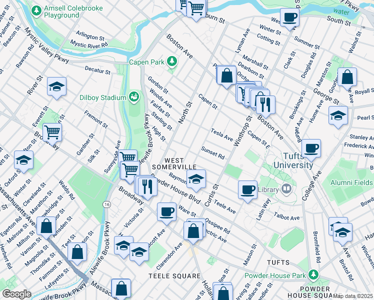 map of restaurants, bars, coffee shops, grocery stores, and more near 106 Adams Street in Somerville