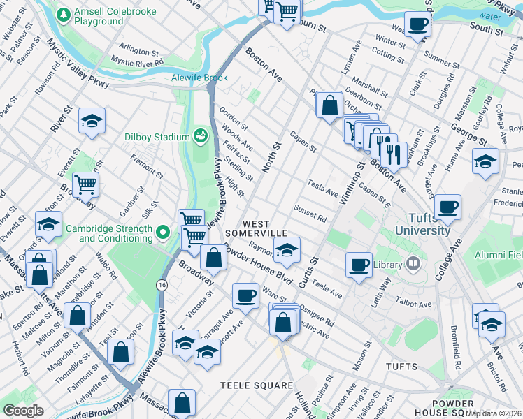 map of restaurants, bars, coffee shops, grocery stores, and more near 121 North Street in Somerville