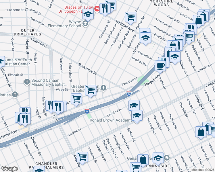 map of restaurants, bars, coffee shops, grocery stores, and more near 9623 Berkshire Street in Detroit