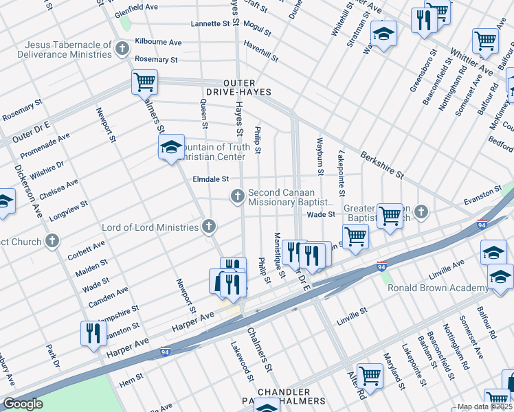 map of restaurants, bars, coffee shops, grocery stores, and more near 9461 Philip Street in Detroit