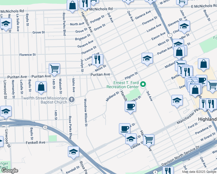 map of restaurants, bars, coffee shops, grocery stores, and more near 16016 Curwood Street in Highland Park