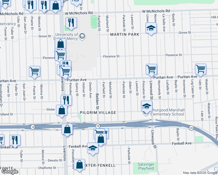 map of restaurants, bars, coffee shops, grocery stores, and more near 15912 Fairfield Street in Detroit