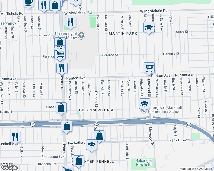 map of restaurants, bars, coffee shops, grocery stores, and more near 15912 Fairfield Street in Detroit